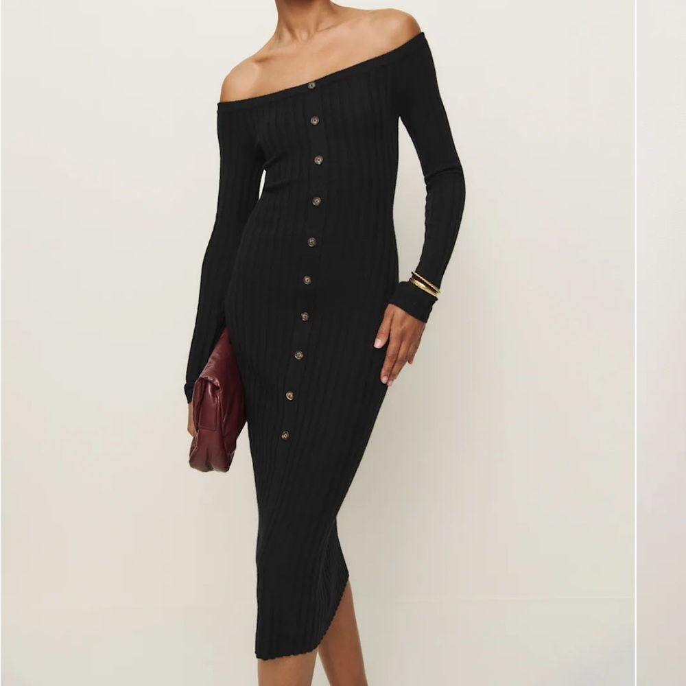 Elegant Black Off-Shoulder Button-Down Dress